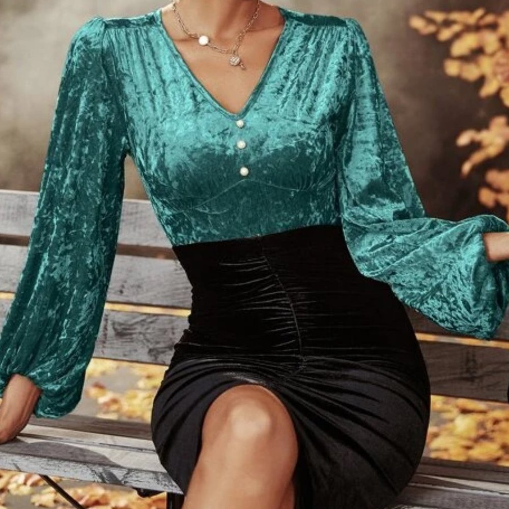 Cadet Blue V Neck Long Sleeves Velvet Blouse in M and L